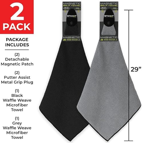 STICKIT Magnetic Golf Towel Gray and Black 2-Pack | Top-Tier Microfiber Golf Towel with Deep Waffle Pockets | Industrial Strength Magnet for Strong Hold to Golf Carts or Clubs thumbnail 7