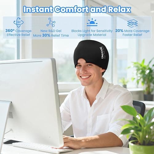 ONLYCARE® Migraine Relief Cap, Upgraded Odorless Headache Relief Cap, 360° Gel Surround Ice Pack Mask for Migraine, Sinus, Stress, Frontal Headaches (Black) thumbnail 5
