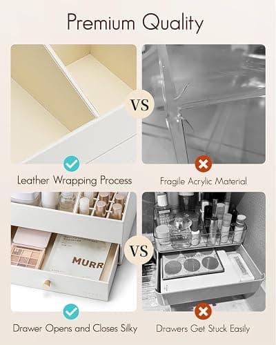 Vlando Makeup Organzier,Vanity Organizer with Drawers, PU Leather Skincare Organizer Perfume Organizer,Large Cosmetic Display Case for Lipstick,Brushes Gifts for Women-White thumbnail 7