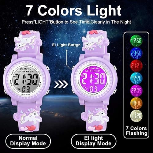 Venhoo Kids Watches 3D Cartoon Waterproof 7 Color Lights Toddler Wrist Digital Watch with Alarm Stopwatch for 3-10 Year Girls Little Child thumbnail 3