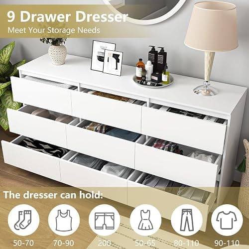 VERYKE White 9 Drawer Dresser for Bedroom,Chest of Drawers with No-Handle Design for Closet,Modern Wood Dresser Bedroom Storage Furniture thumbnail 9