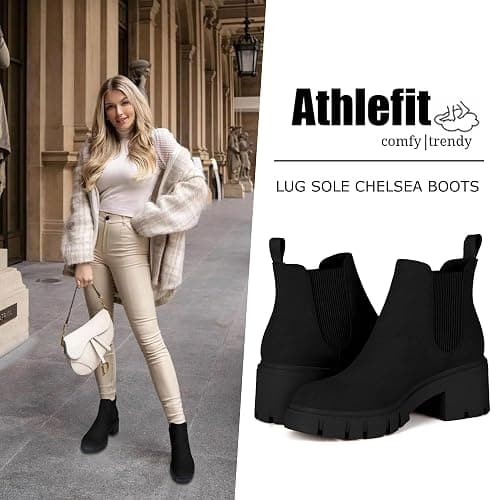 Athlefit Women's Chelsea Boots Fashion Lug Sole Chunky Heel Slip on Elastic Ankle Booties thumbnail 2