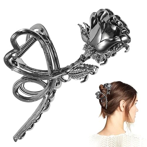 Mabor Flower Hair Claw Clips Black Rose Hair Clips Large Heart Hair Jaw Clips Metal Hair Claws for Women Girls Goth Hair Accessories Strong Hold Vintage Hair Clamps - Image 1
