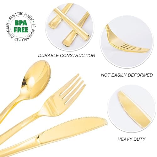 N9R 300PCS Gold Plastic Silverware, Disposable Plastic Cutlery/Utensils | Heavy Duty Flatware, 100 Forks, 100 Spoons, 100 Knives, for Party, Wedding & Everyday Use thumbnail 5