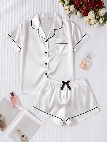 Damen-Pyjama-Set, Seide, Satin, kurzärmelig, weich, bequem - Image 1