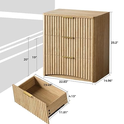 Evermagin Fluted Nightstand Set of 2, Natural Oak Bedside Table with 3 Drawers, Wood End Table with Storage Mid Century Modern, Large Night Stand for Bedroom thumbnail 2