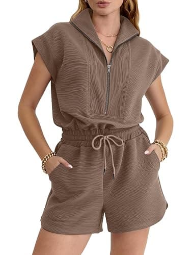 Btaiuo Rompers for Women Summer Short Sleeve Half Zip Lapel Collar Jumpsuit Casual Drawstring One Piece Outfits with Pockets - Image 1