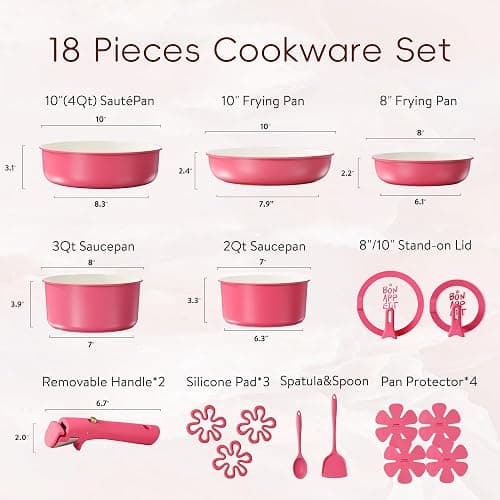 CAROTE 18Pcs Ceramic Cookware Set with Detachable Handle, Pots and Pans Set Non Stick, Non Toxic Kitchen Cooking Sets with Stand-Up Lid, PFAS and PFOA Free, Oven Safe, Induction Ready, Pink thumbnail 3