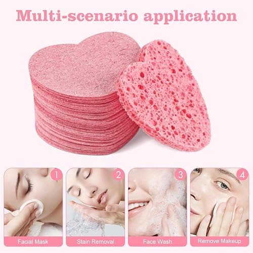 60-Count Compressed Facial Sponges with Container, Heart Shape Compressed Face Sponge, 100% Natural Sponge Pads for Face Cleansing, Massage, Pore Exfoliating Mask, Makeup Removal (Pink) thumbnail 6