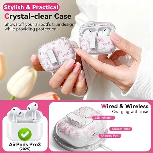 for AirPods Pro 3 Case with Secure Lock & Phone Stand, Bow-Print Clear Case for Apple AirPods Pro 3rd Generation 2025 Cover with Cleaner Keychain for Women Girly, Pink, Auto-Open Lid thumbnail 2