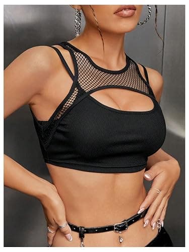 WDIRARA Women's Cut Out Tank Tops Sheer Mesh Fishnet Sleeveless 2 in 1 Crop Top Clubwear thumbnail 6