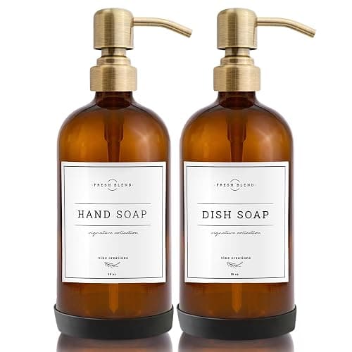 Vine Creations Amber Glass Soap Dispenser, 2 Pack Kitchen Soap Dispenser Set with Stainless Steel Pump, 16 oz Dish Soap and Hand Soap Dispensers for Bathroom with Waterproof Labels and Protective Pads - Image 1