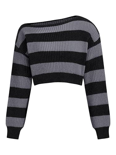 SOLY HUX Women's Y2K Striped Cropped Sweater Off Shoulder Knitwear Long Sleeve Pullover Tops - Image 1