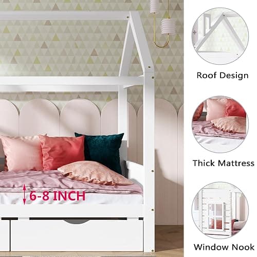Aoowow Twin Size Kids House Bed with 2 Drawers, Wooden Twin Bed Frame with Window and Roof for Bedroom, Modern Twin Size Kid Playhouse Bed with Slats for Boys Girls, Can be Decorated, White thumbnail 3