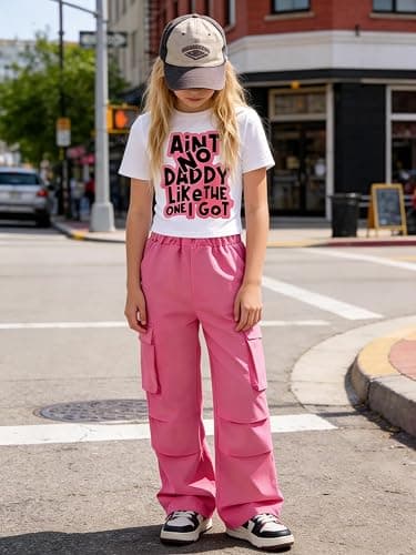 GOLLUNER Girls 2 Piece Outfits Short Sleeve Letter Print Top＋Wide Leg Pants with Pockets Summer Clothing Set Sizes 8-15 Years thumbnail 5