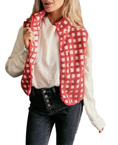 Rvnsu Women's Zip Up Sherpa Vest Checkered Fleece Vest Fall Winter Sleeveless Cardigan Warm Collared Outerwear Vests - Image 1