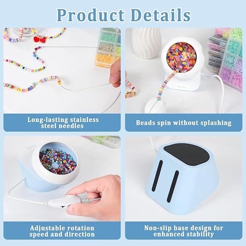 Clay Bead Spinner, Electric Bead Spinner for Jewelry Making, Bracelet Spinner and Necklace Making Machine with Bead Needles and Thread, Seed Bead Spinner, Clay Bead Bracelet Spinner (Blue), (No Beads) thumbnail 6