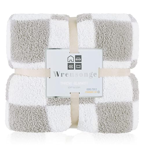 WRENSONGE Soft Checkered Throw Blanket for Couch-Cozy Warm Knitted Blankets | Lightweight Warm Fluffy Decor for Women, Mom, Her & Girls, Sofa, Chair, Bed, 50x70in,Light Grey thumbnail 7