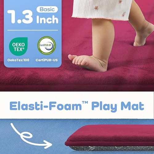 PAPAMAT 1.3" Thick Baby Floor Play Mat 50x50, Basic Padded Foam Mat for Tummy Time Crawling, Non Slip Cushioned for Babies Toddlers Infants Kids (Burgundy) thumbnail 2