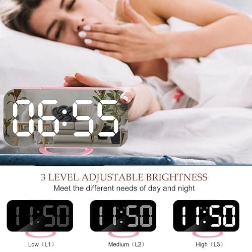 Lamisola Pink Digital Alarm Clock for Girls, Large LED Mirror Desk Clock, 2 USB Charging Ports, Nightstand Table Aesthetic Sleek Clocks Decor for Bedroom Office, Pink thumbnail 4
