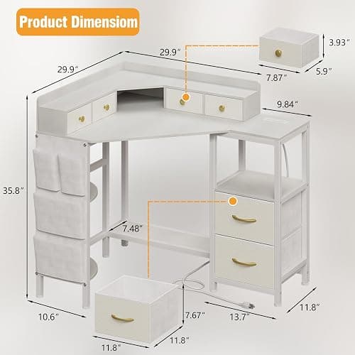 Espelism Corner Vanity Desk with Charging Station, 49.6" Makeup Table with Fabric Drawers & Side Pocket, Space-Saving Dressing Table for Small Space Bedroom Dorm(White) thumbnail 2