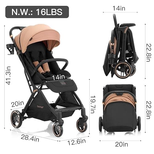 Gromast Gravity Folding Baby Stroller - Portable Travel Toddler Stroller w/Adjustable Backrest, Canopy & Cup Holder, Lightweight and UV Protected, One-Hand Automatic Folding - Khaki thumbnail 7