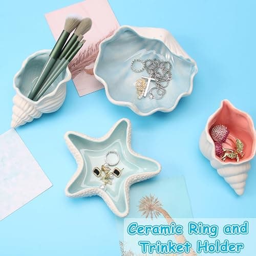 Jewelry Dish Tray For Coastal Beach Room Decor,Cute Ceramic Ring Holder Gift For Women Sister Mom Friend ,Decorative Trinket Jewelry Organizer Tray For Rings Earrings Necklaces ets (Blue conch) thumbnail 3