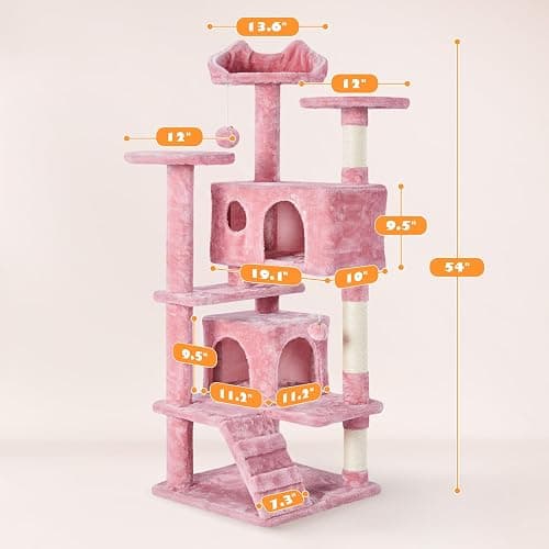 Yaheetech 54in Cat Tree Tower, Multi-Level Cat Tree for Indoor Cats with Scratching Posts, Dangling Balls Cat Play House, Pink thumbnail 3