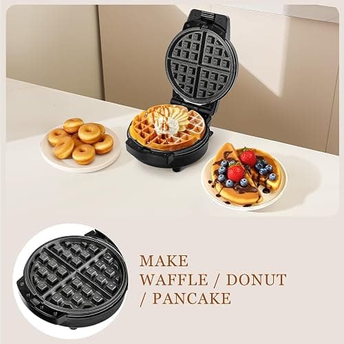 Mini Waffles Maker with 6 Removable Plates, 3 in 1 Small Waffle Maker Mini- Waffle, Pancake, Donut, 6" Non Stick Waffle Iron for Kids and Families, Black thumbnail 7