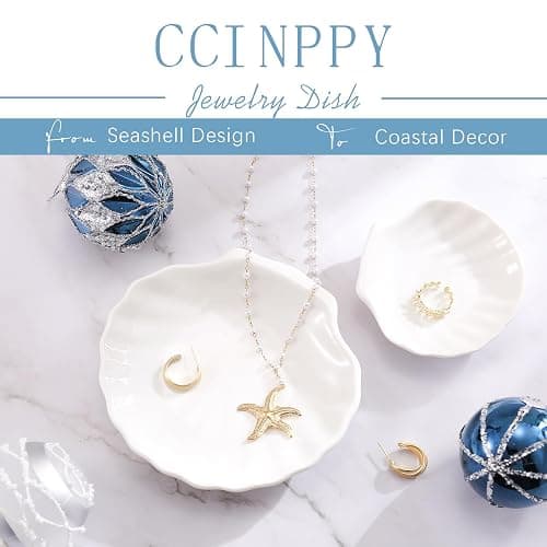 CCINPPY Shell Ring Dish Tray, Ceramic Jewelry Tray Trinket Dish, Seashell Key Holder Bowl, Beach Room Coastal Decor Aesthetic, Ocean Bathroom Counter Decor, White, Large thumbnail 6