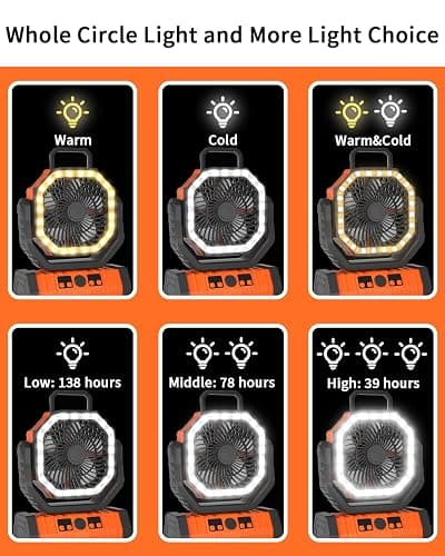 ADUST Camping Fan - 20000mAh Battery Powered Fan Battery Operated Rechargeable Portable Outdoor Tent Fans with Hanging Hook, Cordless, 4 Speeds, Remote Control - Orange thumbnail 4