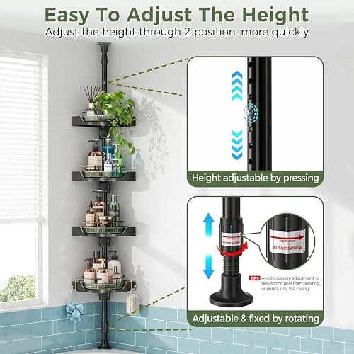 AKINBAS 360° Rotating Shower Caddy Tension Pole with 4-Tier Rustproof Lazy Susan 35-128 Inch No Drilling Coner Shelves Adjustable Shower Rack for Bathroom Bathtub Washbasin Plant Storage (Black+Green) thumbnail 5
