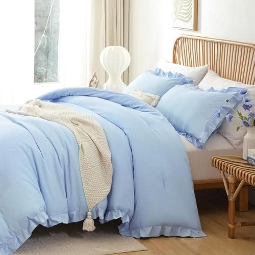 JANZAA Ruffle Light Blue Comforter Set Queen Size Comforter 3PCS 1 Emerald Comforter and 2 Pillowcases Vintage Farmhouse Shabby Chic Bedding Soft Fluffy Comforter Set All Season (Light Blue, Queen) thumbnail 5
