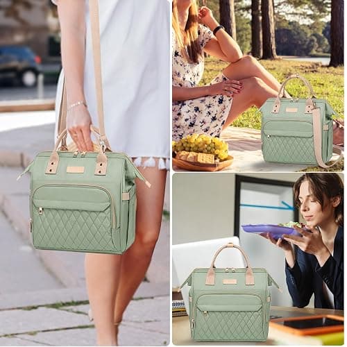 AIJIEKE Lunch Bag for Women, Leakproof & Insulated Work Lunch Box Tote, Reusable Adult Cooler Bag with Water Bottle Side Pocket & Removable Shoulder Strap, Green thumbnail 7