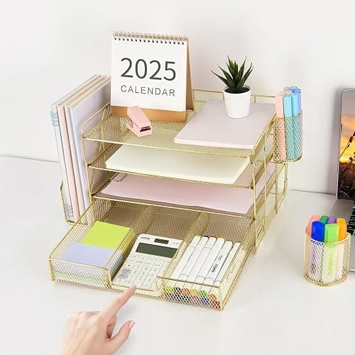 Gianotter Paper Letter Tray Organizer with File Holder, 4-Tier Desk Accessories & Workspace Organizer with Drawer and 2 Pen Holders - Gold thumbnail 2