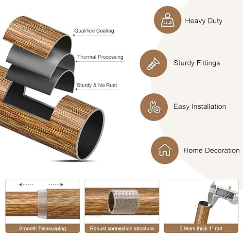 2 Pack Wood Curtain Rods for Windows 66 to 120 Inches 1" Diameter Boho Decorative Heavy Duty Window Curtain Rod Set Adjustable with Solid Finials for Living Room Bedroom Kitchen Farmhouse Outdoor - 16"-120"|2 Pack thumbnail 7