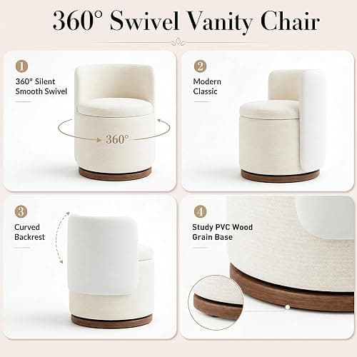 smartue Ottoman with Storage, Round Vanity Stool with Back | 22L Hidden Seat, 360° Swivel, Reversible Lid, No Wheels, Upholstered Makeup Footstool for Bedroom thumbnail 6