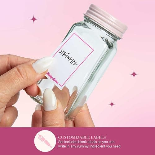 Paris Hilton Glass Spice Jar Storage Set, 4-Ounce Empty Spice Jars with Labels, Shaker Caps and Metal Lids, Collapsible Funnel Included, 20-Piece, Pink thumbnail 7