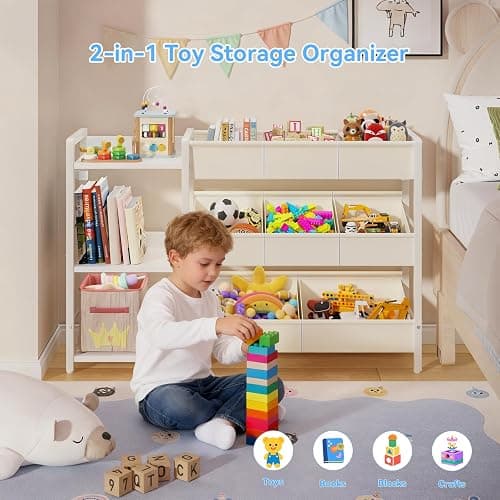 CYXPHION B7 Toy Storage Organizer with 3-Tier Wooden Shelves and 8 Bins, Toy Chest Storage, Toy Shelf Organizer, Kids Bookshelf and Toy Storage for Kids Room, Bedroom, Playroom, Nursery, White thumbnail 5