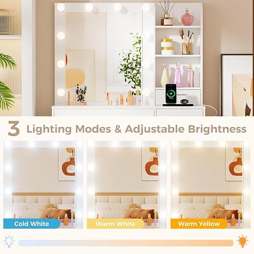 BEWISHOME Dressing Table with Mirror and LED Lights,Vanity Desk with Stool | Adjustable Brightness,Vanity Table with Power Outlet,7 Drawers and Open Shelves,Modern Makeup Table for Bedroom,White,YFST51W thumbnail 6