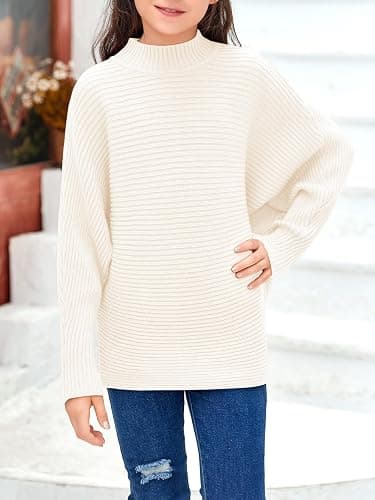 Mafulus Girl's Oversized Crewneck Fall Sweaters Kids Batwing Long Sleeve Slouchy Chunky Cute Pullover Jumper Shirts 5-14T thumbnail 2