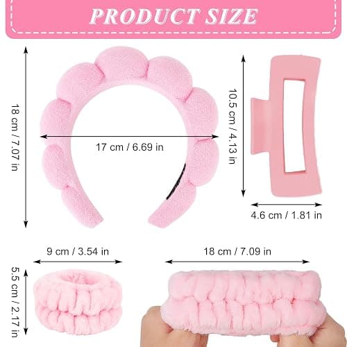 Wecoe Spa Headband And Wristband Set Skincare Headband For Washing Face Hair Claw Clips For Thick Hair Cute Pink Puffy Sponge Makeup Bubble Head Band Wrist Towels Scrunchies For Women Girls thumbnail 5