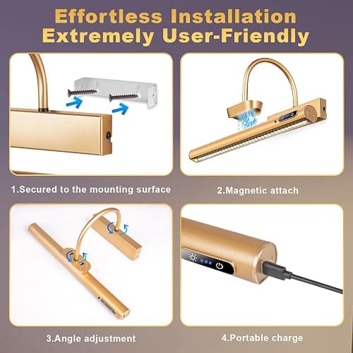 LYTARA Dimmable Cordless Picture Light with Controller and Timer, Rechargeable 5000mAh Battery Wall Sconce for Wall Pictures, Gallery Artwork, Paintings, Portraits, Dartboards (Gold) thumbnail 9