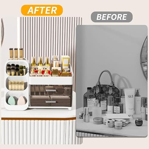 Makeup Organizer for Vanity,Vanity Organizer with Drawers and Brush Holder,Bathroom Make Up Organizer Countertop,Large Cosmetic Organizer for Skincare, Perfume,Lipsticks,Nail Polish (White) thumbnail 4