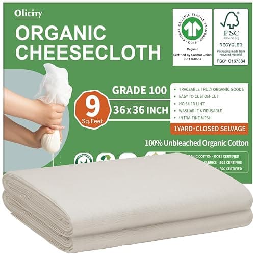 Organic Cheese Cloths, GOTS Certified, Grade 100, 36x36Inch, Reusable Cheese Cloth with Closed Edges Fabric Fine Mesh Cloth, Unbleached Cotton Muslin Cheesecloth for Straining,Cooking,Crafts - 9 Sq.Ft - Image 1
