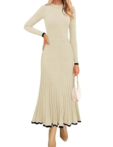 ZESICA Women's Long Sleeve Sweater Dress Fall 2025 Crewneck Ribbed Knit Pleated A-Line Maxi Wedding Guest Dresses - Image 1