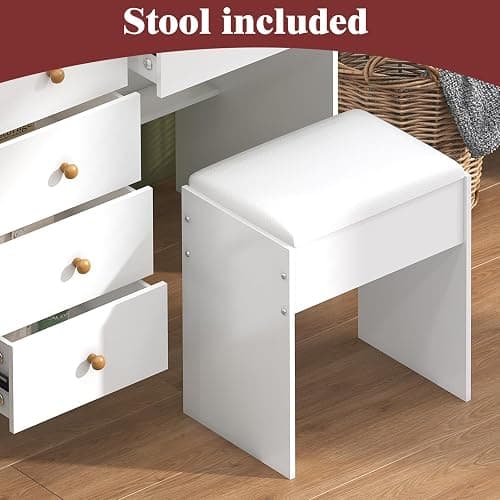 Umeiga Vanity Desk with Sliding Mirror and LED Lights, Small Makeup Vanity Table Set with Chair and Drawers, White Vanity with Lighted Mirror for Bedroom, Dressing Table for Teen Girls and Women thumbnail 8