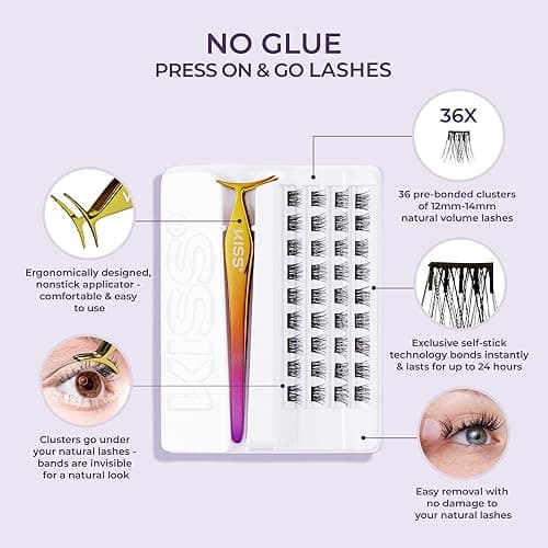 KISS imPRESS Falsies Press On Self Adhesive Eyelashes, 12mm-14mm Natural Volume Press On Lashes, Black, No Glue Needed, Invisible Band, 20 Lash Clusters & Non-Stick Applicator - Natural thumbnail 12