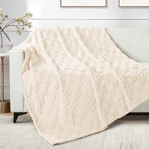 Exclusivo Mezcla Fleece Throw Blanket for Couch,Super Soft and Warm Lightweight Checkered Pattern Blankets for All Seasons, 50x60 Inches, Ivory - Image 1