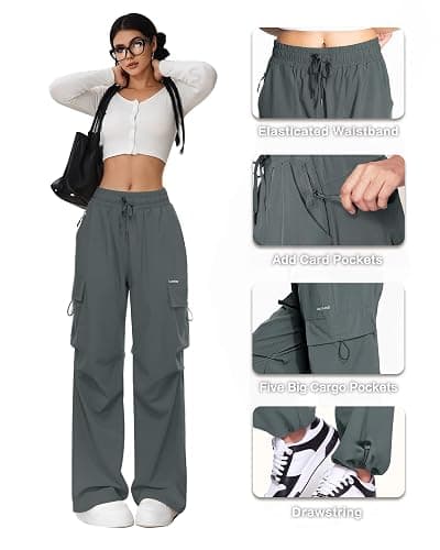 FLEFRM Cargo Pants Women Baggy High Waisted Parachute Pants with Pockets Wide Leg Y2K Casual Pants for Women thumbnail 5